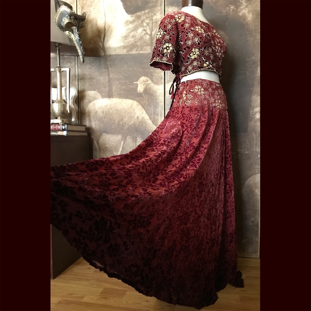 Burgundy Red Floral Velvet Maxi Dress with Embroidered Bodice Indian wedding